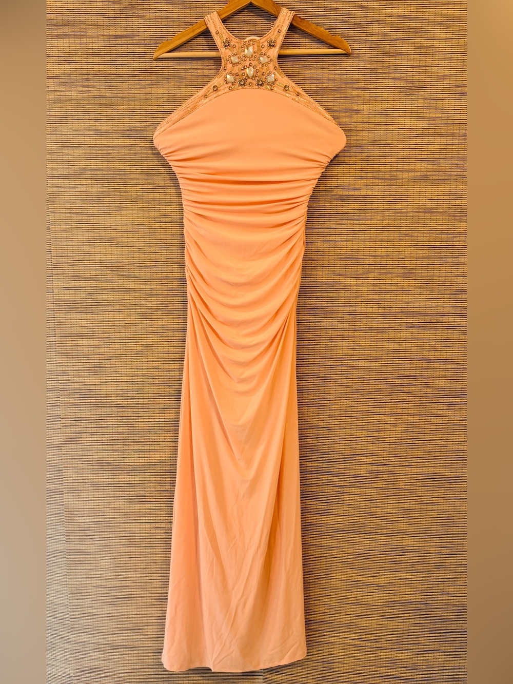 Cache Peach Halter Prom Dress with Beaded Yoke